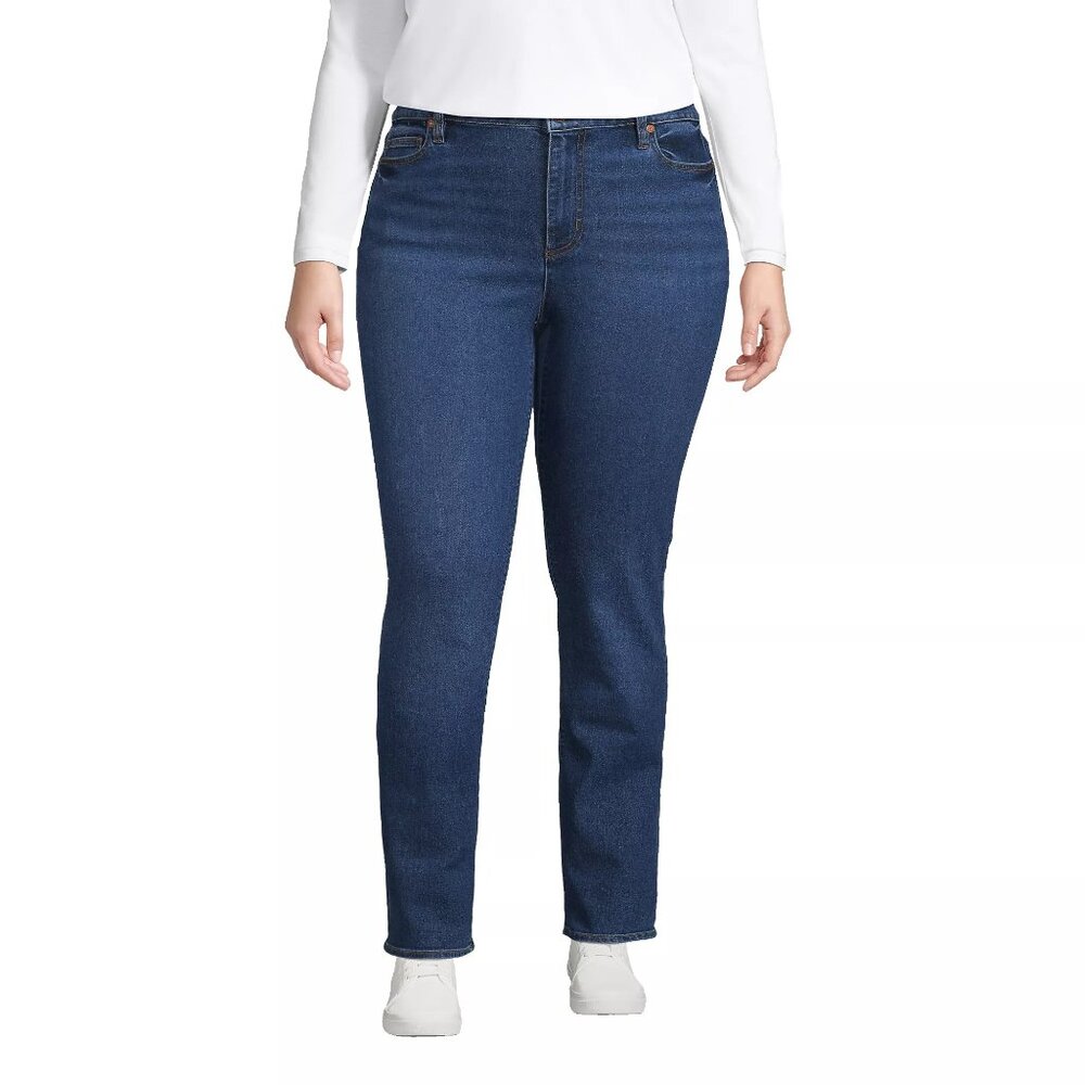 Land's End Women's Plus Size Mid Rise Straight Leg Blue Jeans in Port Indigo